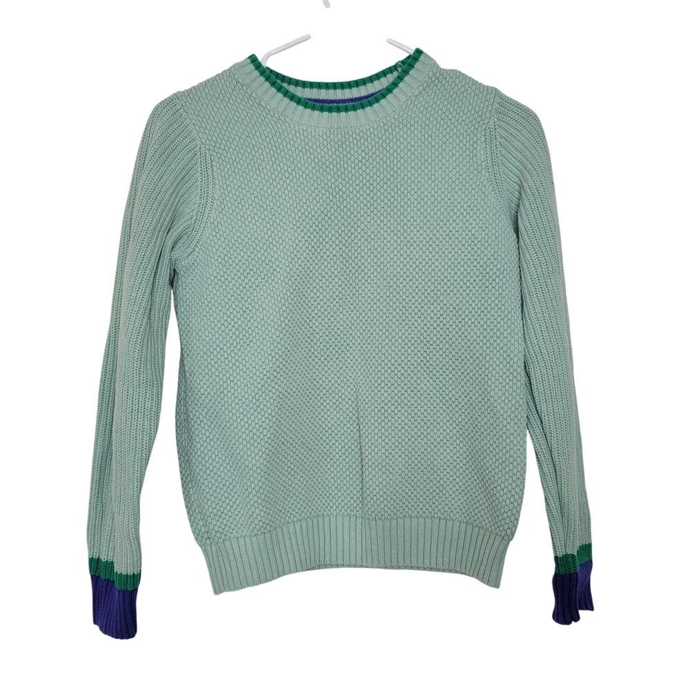 Mini Boden Unisex Kids Cotton Knit Sweater Green Blue Trim Crew Neck Casual
